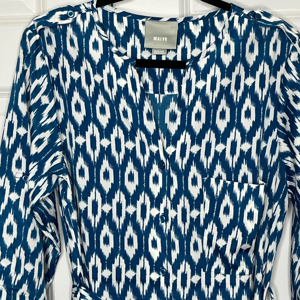 Maeve Anthropologie Dress Size Medium Blue White Ikat Tie Waist Mini - Picture 5 of 12